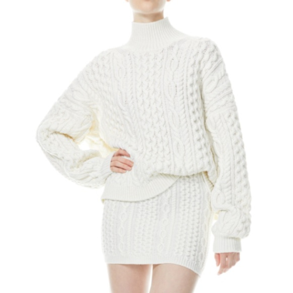 Alice + Olivia Knitted Turtleneck Sweater + Mini Skirt Set, Cream, Size XS